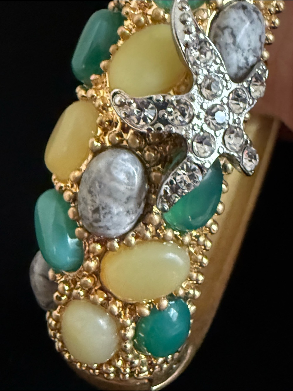 CAbi Gold-tone Bracelet Collectible with Green, Cream, and Gray Cabochons #2129 - Picture 10 of 11